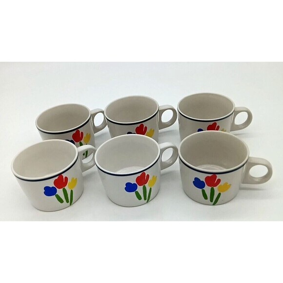 Vintage 1985 Newcor Japan Tulip Time Stoneware Coffee Tea Cups Lot of 6 - Picture 1 of 7